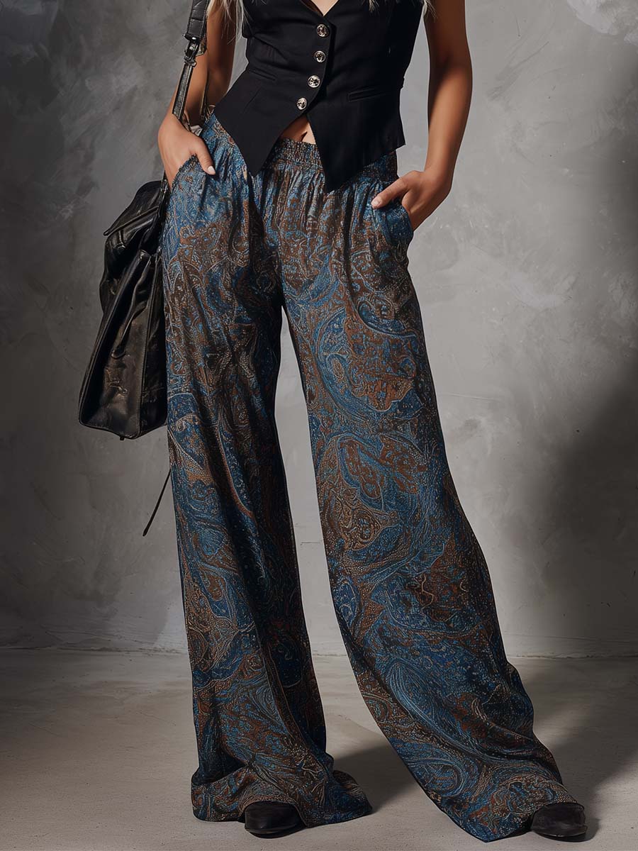 Retro Western Vacation Black Cotton V-Neck Vest And Paisley-Print Chiffon Trousers Set