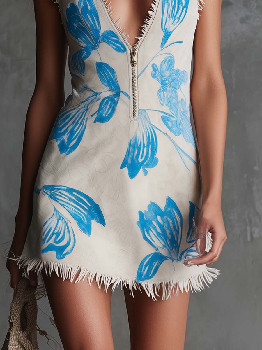 Western Resort V-Neck Front-Zip Fringed Hem Tulip Print Beige Faux Suede Mini Dress
