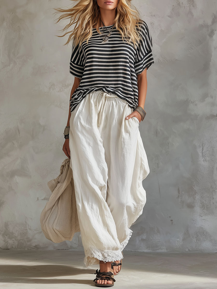 Retro Striped Short-sleeved Shirt and Trousers Set
