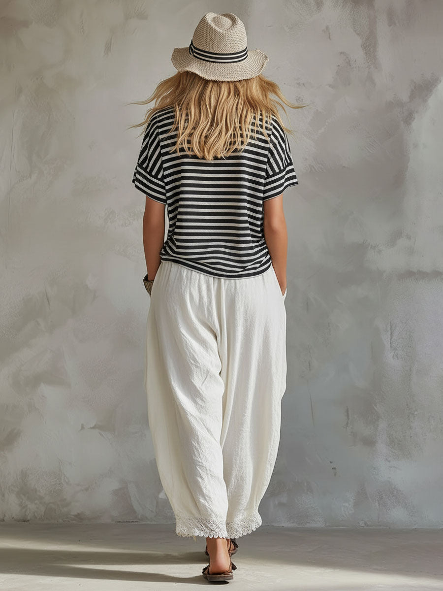 Retro Striped Short-sleeved Shirt and Trousers Set