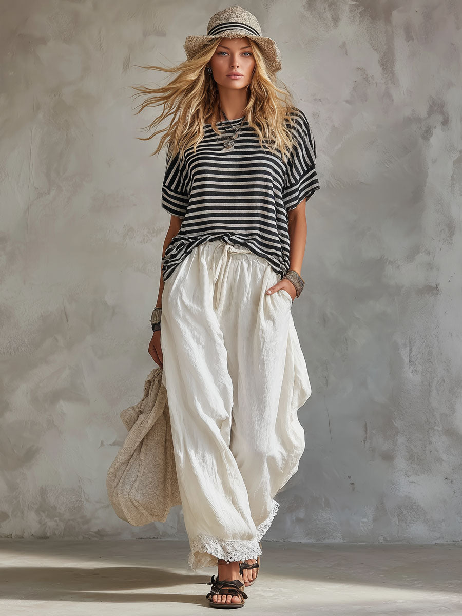 Retro Striped Short-sleeved Shirt and Trousers Set