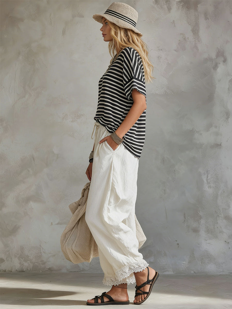 Retro Striped Short-sleeved Shirt and Trousers Set