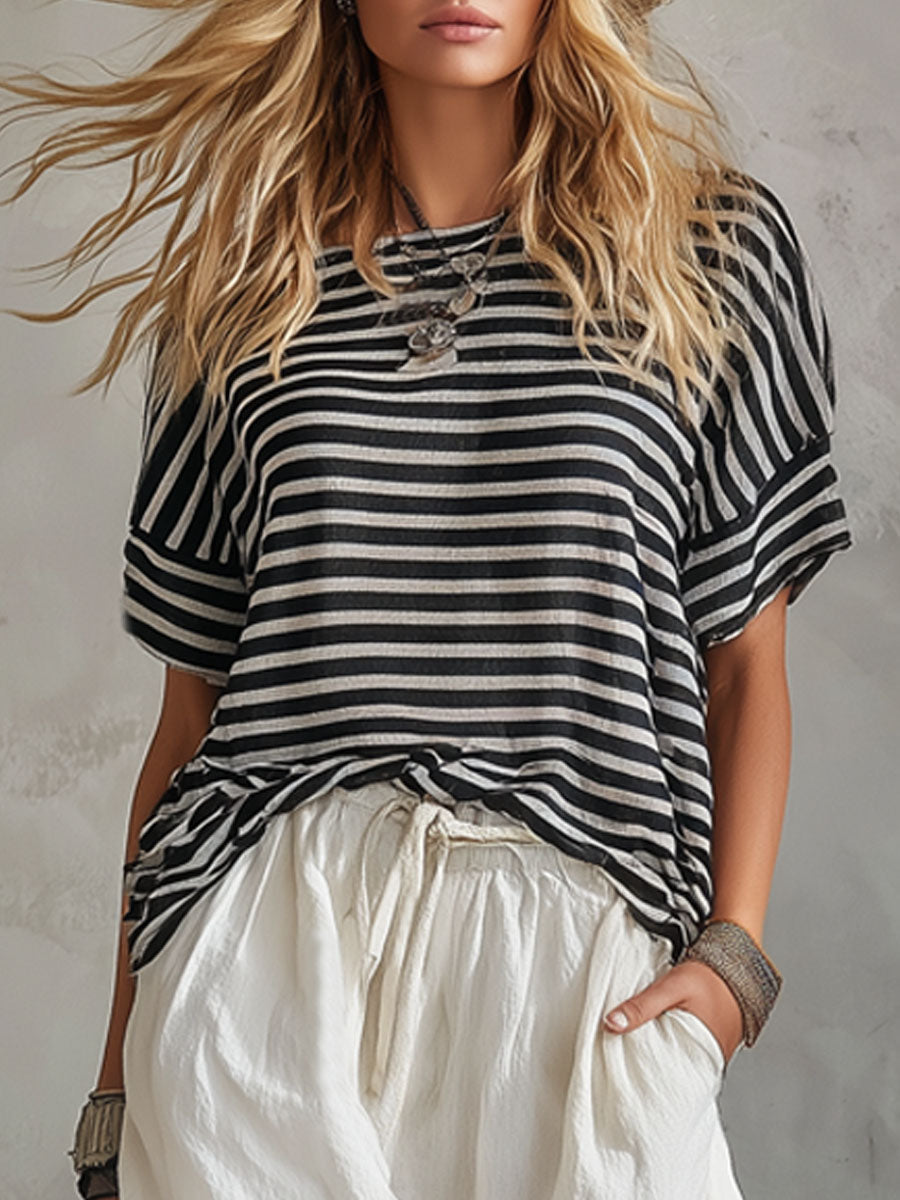 Retro Striped Short-sleeved Shirt and Trousers Set