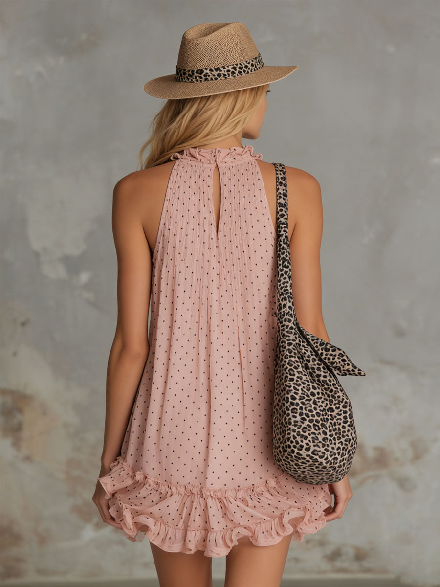Pink V-neck Polka Dot Print Ruffled Chiffon Sleeveless Mini Dress
