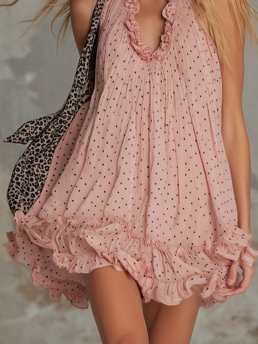Pink V-neck Polka Dot Print Ruffled Chiffon Sleeveless Mini Dress