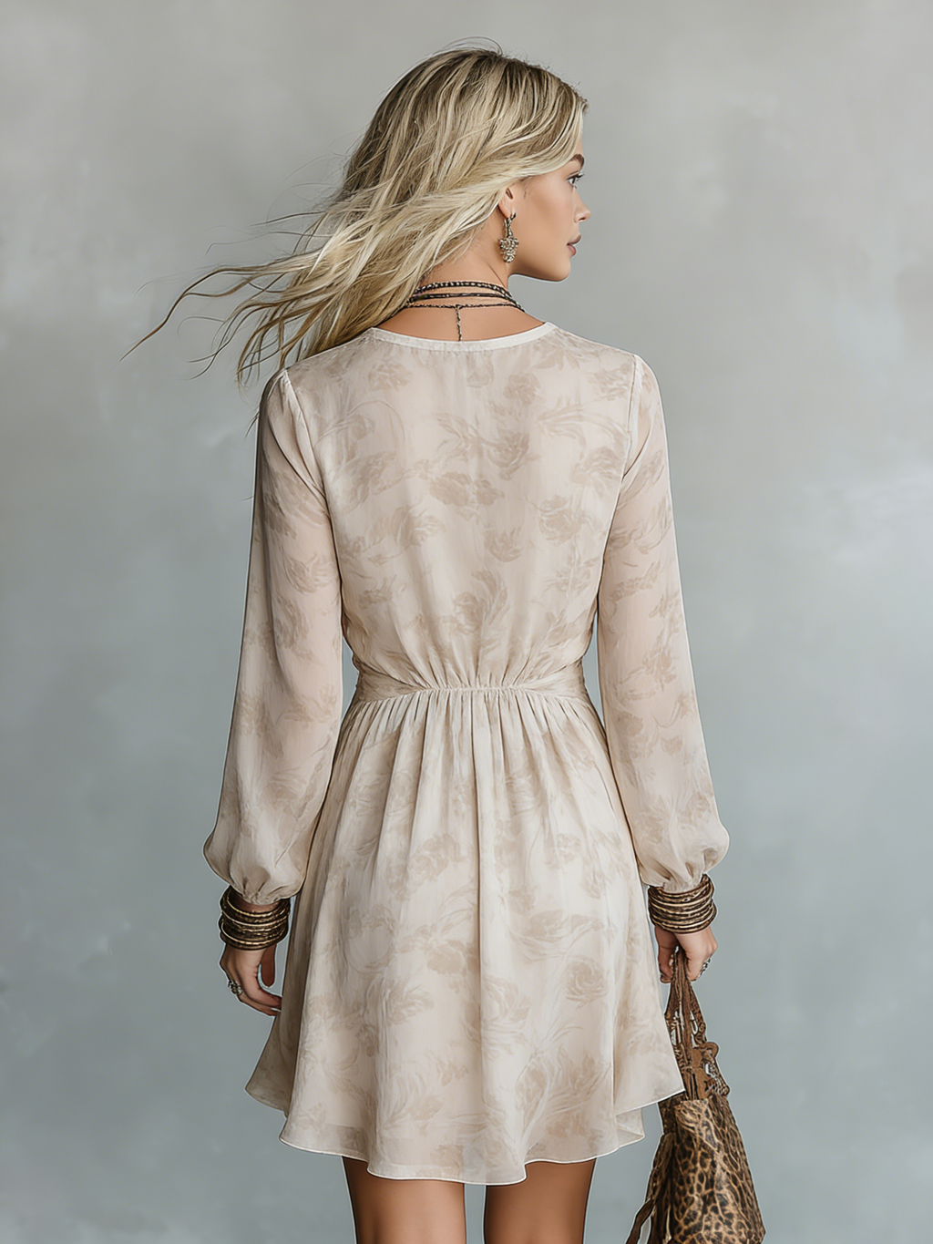 Exquisite and Casual V-neck Long-sleeved Printed Chiffon Mini Dress