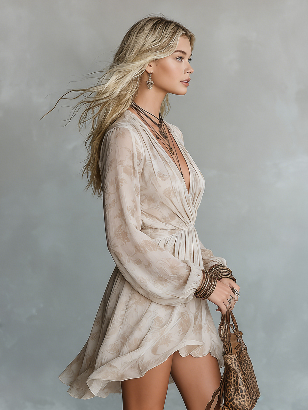 Exquisite and Casual V-neck Long-sleeved Printed Chiffon Mini Dress