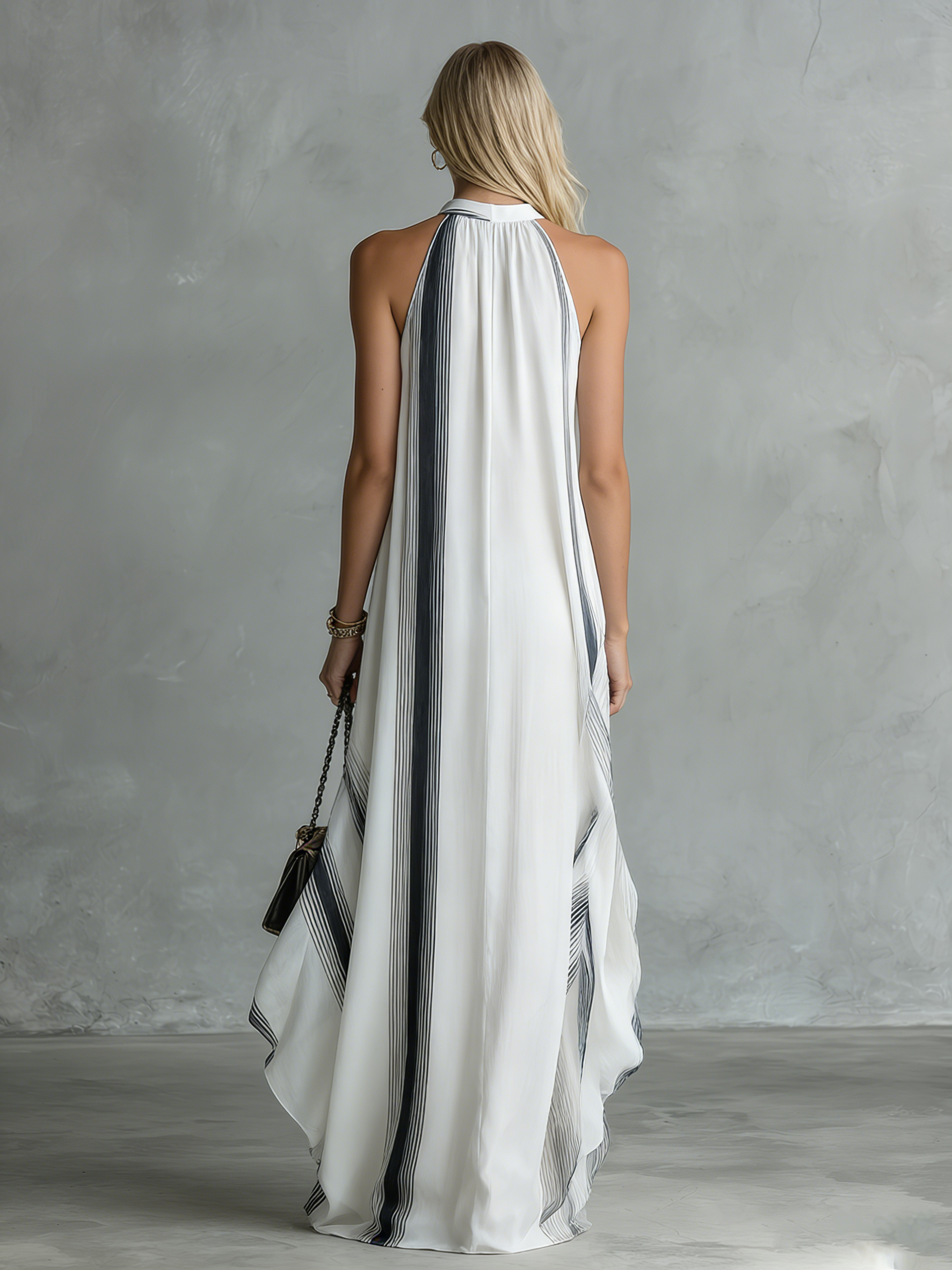 Stylish and Beautiful Round Neck Sleeveless Striped Printed Chiffon Long Dress