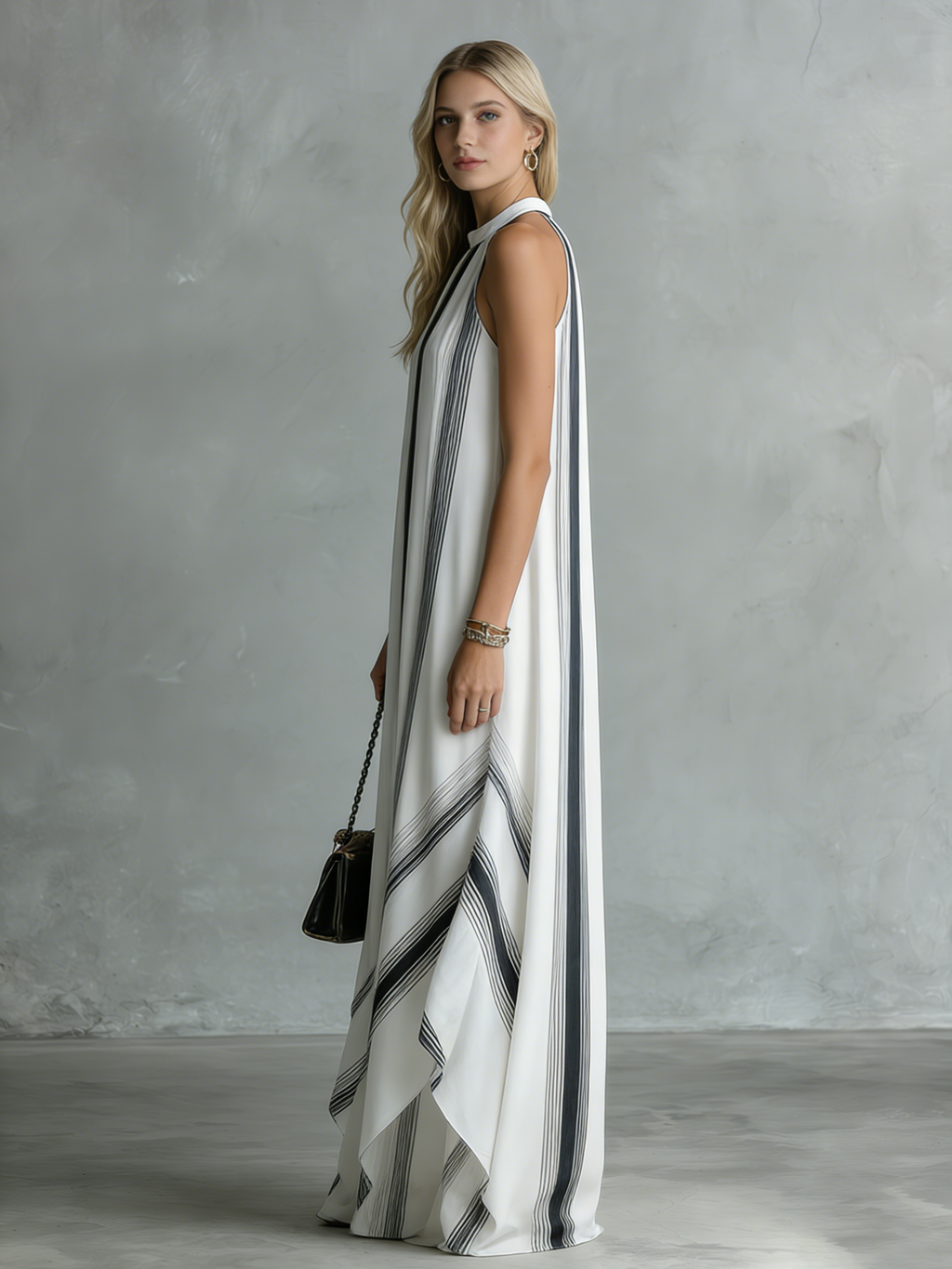 Stylish and Beautiful Round Neck Sleeveless Striped Printed Chiffon Long Dress