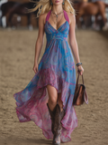 Retro Bohemian Western-Style Paisley Print Chiffon Halter Dress
