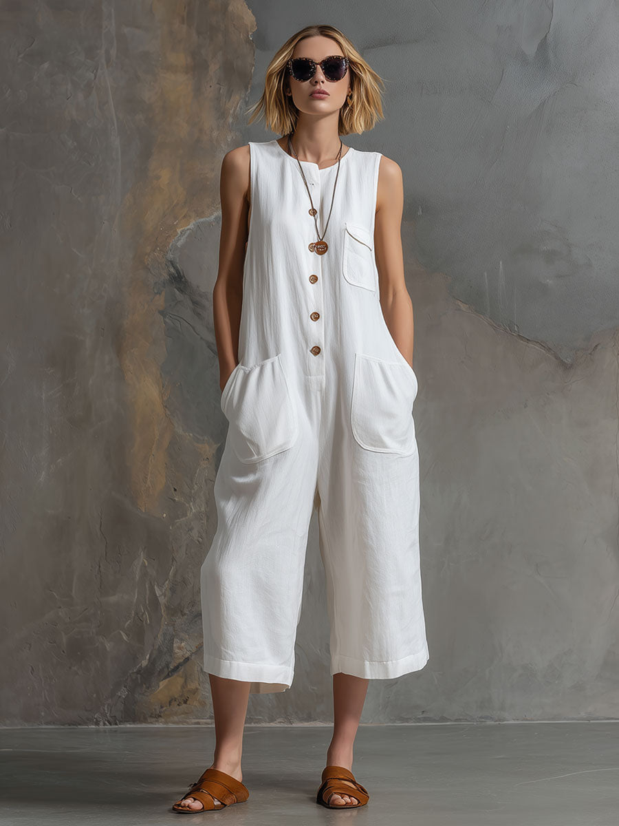 Casual Retro Sleeveless White Cotton and Linen Wide-Leg Cropped Jumpsuit