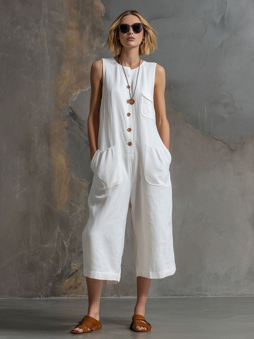Casual Retro Sleeveless White Cotton and Linen Wide-Leg Cropped Jumpsuit