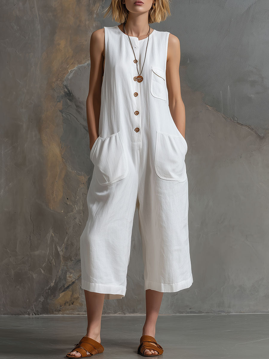 Casual Retro Sleeveless White Cotton and Linen Wide-Leg Cropped Jumpsuit