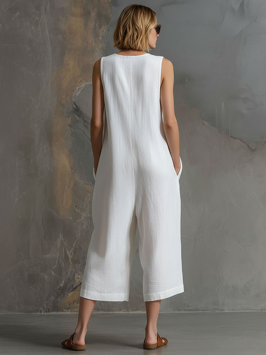 Casual Retro Sleeveless White Cotton and Linen Wide-Leg Cropped Jumpsuit