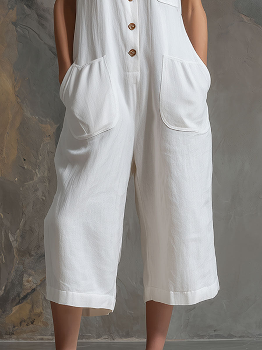 Casual Retro Sleeveless White Cotton and Linen Wide-Leg Cropped Jumpsuit