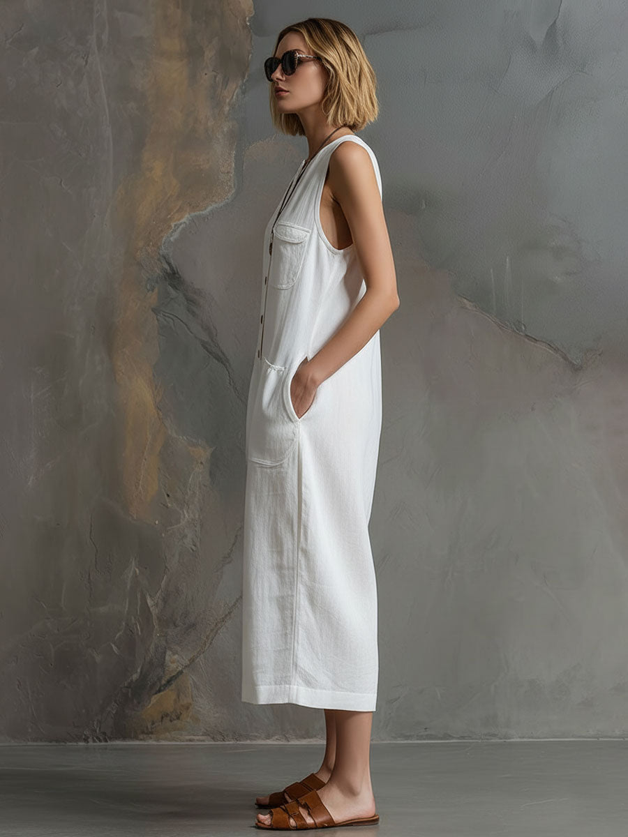 Casual Retro Sleeveless White Cotton and Linen Wide-Leg Cropped Jumpsuit