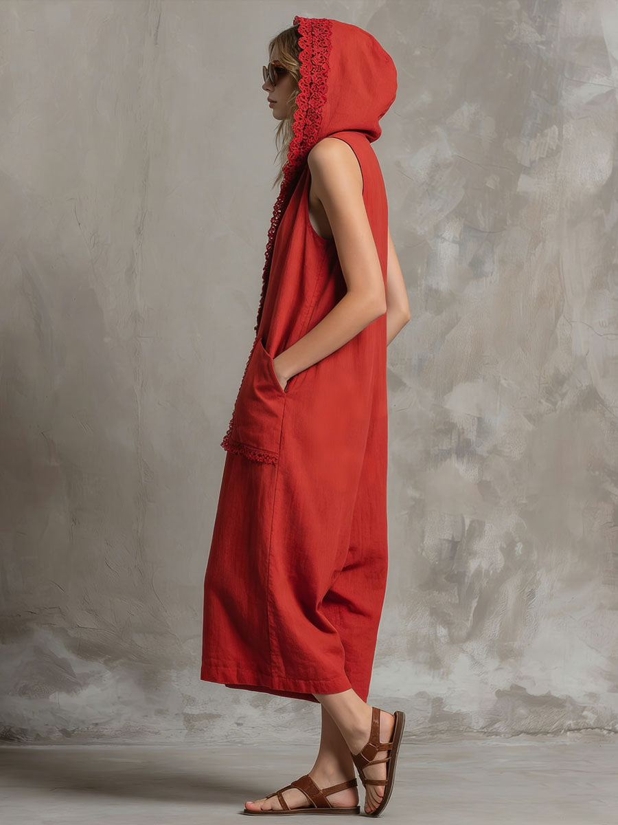 Casual Vacation Retro Lace Hooded Sleeveless Red Cotton Linen Three-Point Jumpsuit
