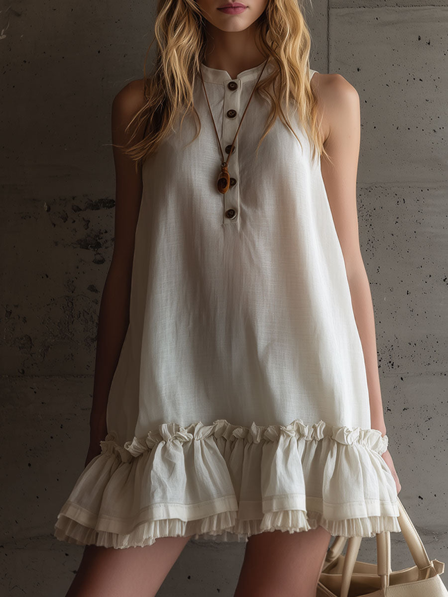 Vacation Retro Sand-Coloured Linen Sleeveless Gauze Ruffled Mini Dress