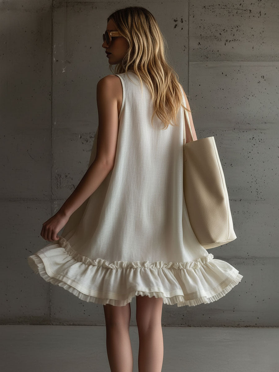 Vacation Retro Sand-Coloured Linen Sleeveless Gauze Ruffled Mini Dress