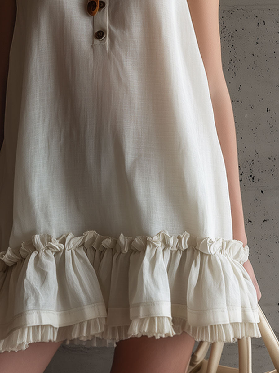 Vacation Retro Sand-Coloured Linen Sleeveless Gauze Ruffled Mini Dress