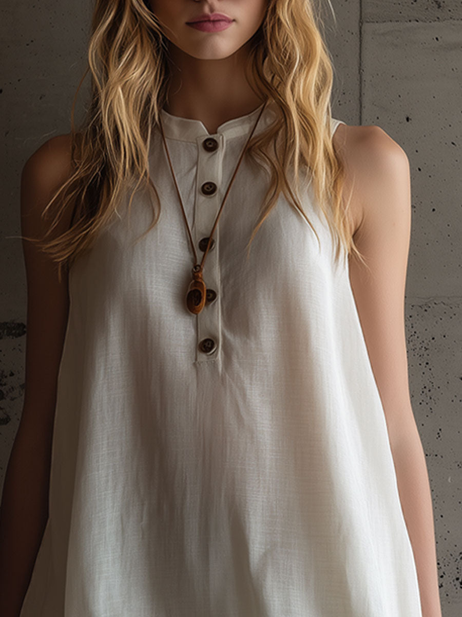 Vacation Retro Sand-Coloured Linen Sleeveless Gauze Ruffled Mini Dress