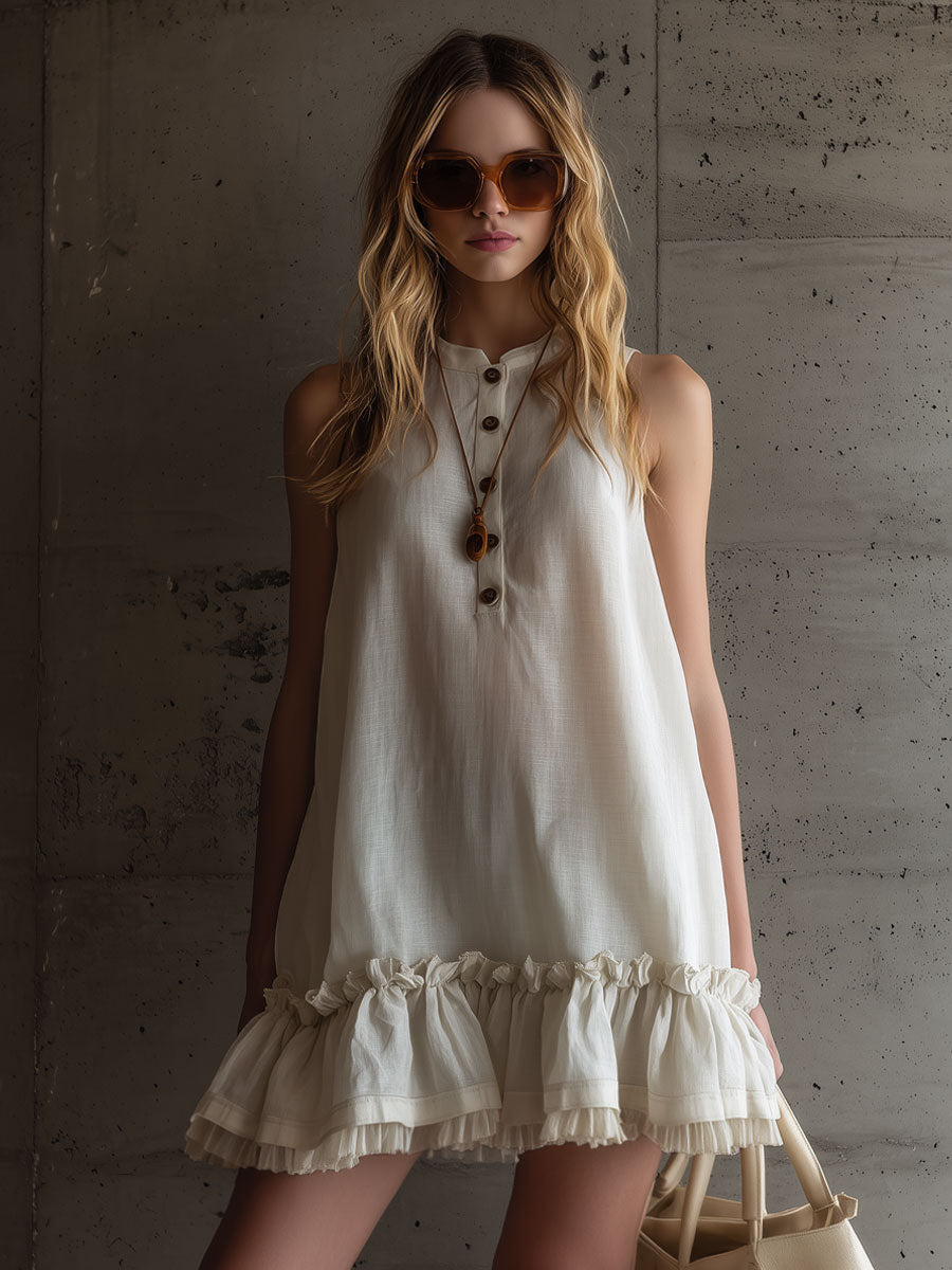 Vacation Retro Sand-Coloured Linen Sleeveless Gauze Ruffled Mini Dress