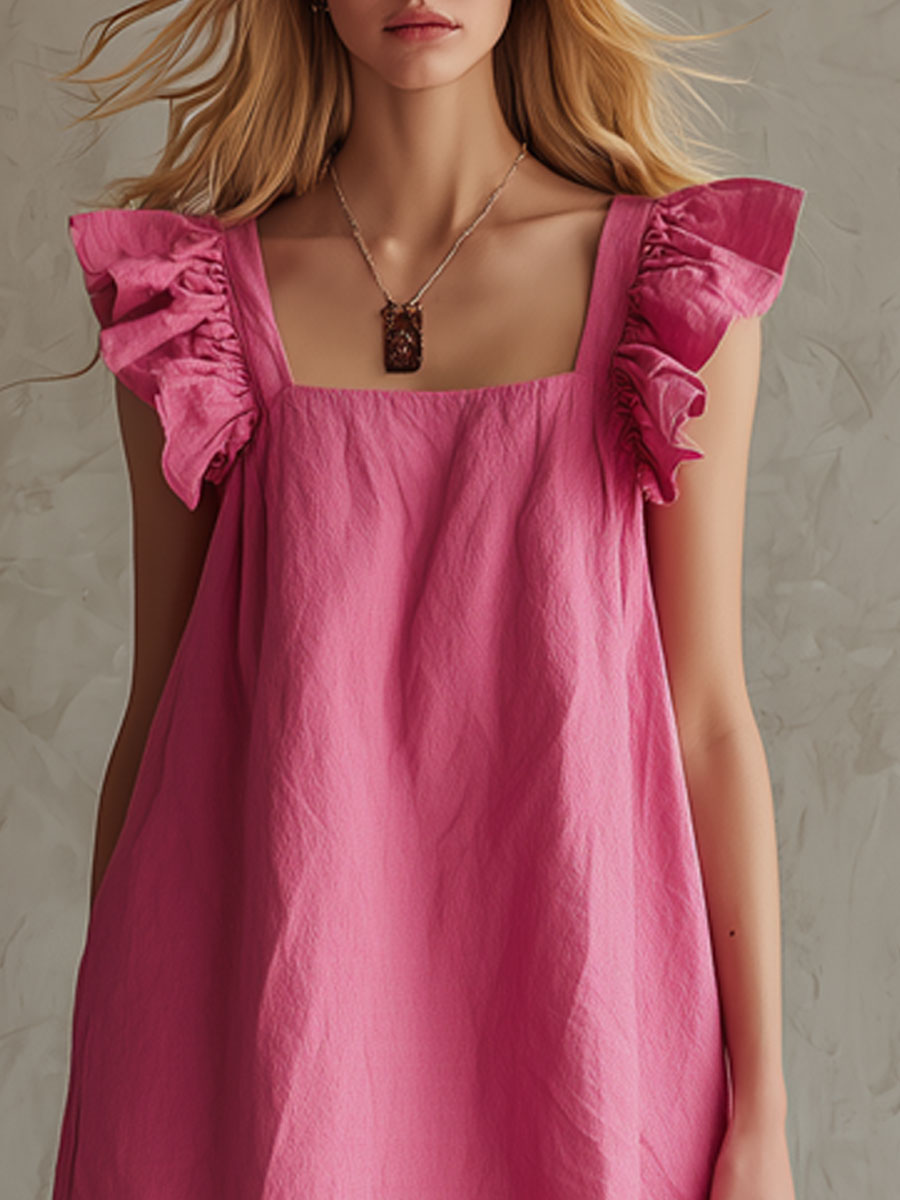 Casual Retro Rose Red Cotton Linen Ruffle Sleeveless Mini Dress