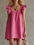 Casual Retro Rose Red Cotton Linen Ruffle Sleeveless Mini Dress
