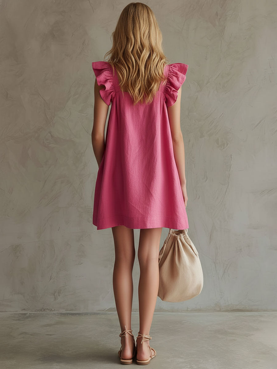 Casual Retro Rose Red Cotton Linen Ruffle Sleeveless Mini Dress