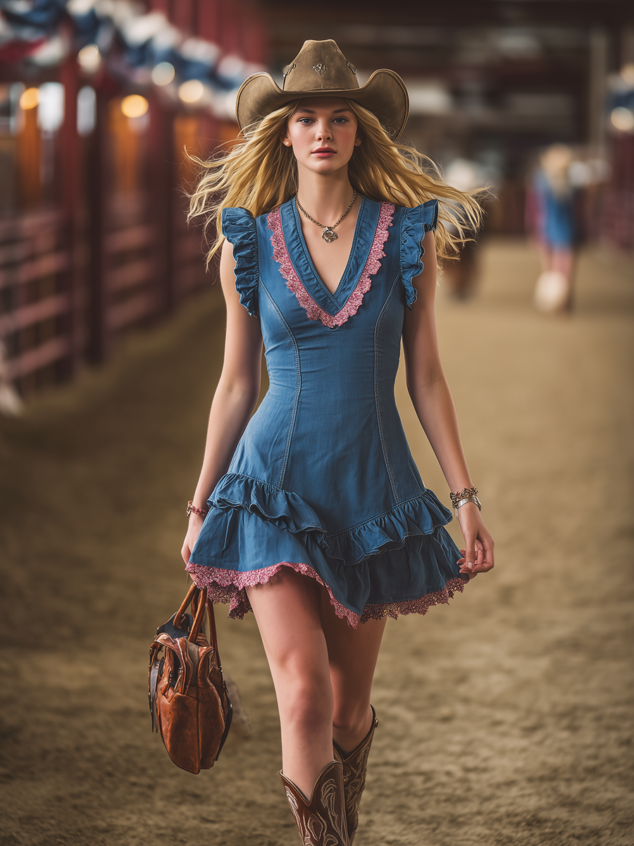 Chic Western V-Neck Colour-Block Lace Trim Ruffles Sleeveless Denim Mini Dress