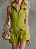 Casual Retro Green Stand-up Collar Zip-up Sleeveless Jumpsuit