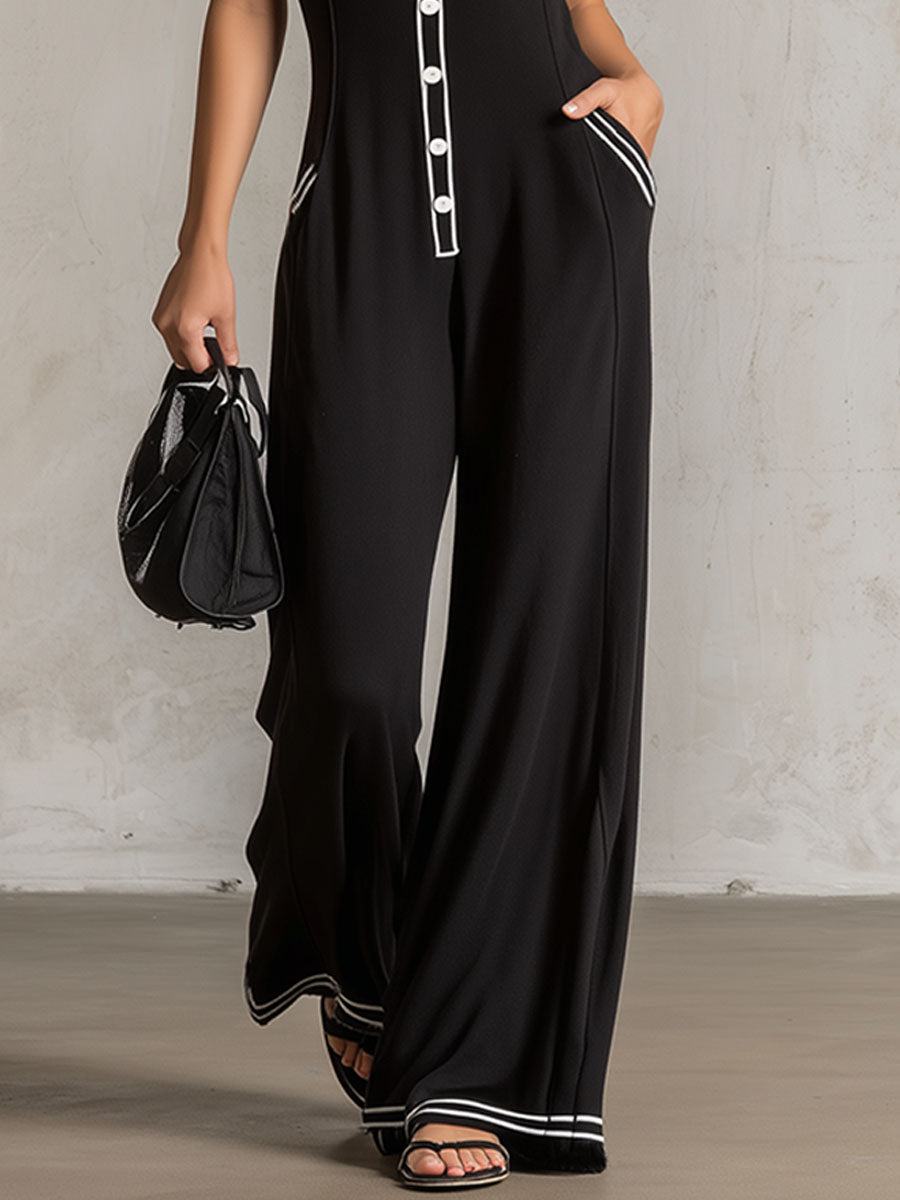 Colour-blocked V-neck Button-down Double-pocket Sleeveless Jumpsuit