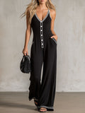 Colour-blocked V-neck Button-down Double-pocket Sleeveless Jumpsuit