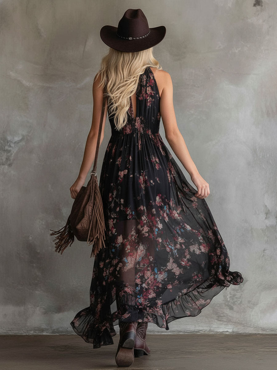 Retro V-neck Floral Print Chiffon Sleeveless Maxi Dress