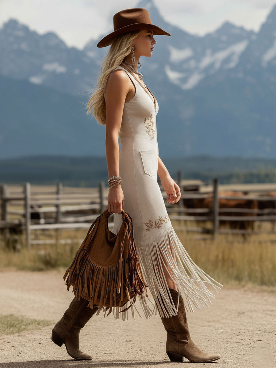 Colour-blocked V-neck Faux Suede Embroidered Sleeveless Midi Dress
