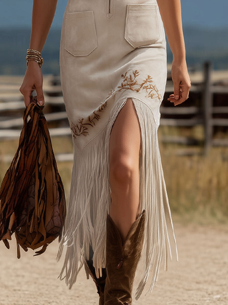 Colour-blocked V-neck Faux Suede Embroidered Sleeveless Midi Dress