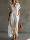 Casual Vacation Retro Striped Short-sleeved White Cotton Linen Cardigan Maxi Dress