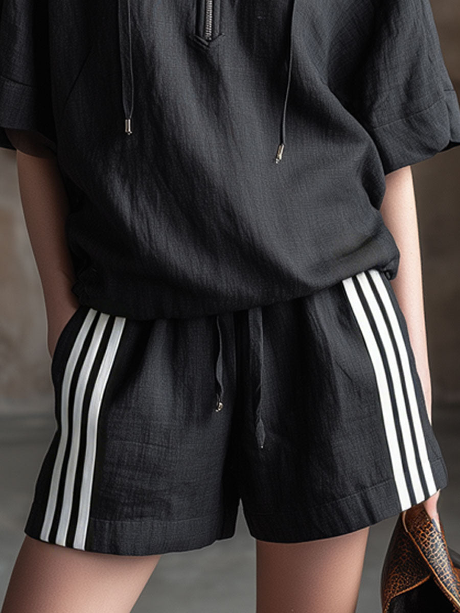 Casual Retro Black Cotton Linen Short-Sleeved Hooded Top and Striped Shorts Set