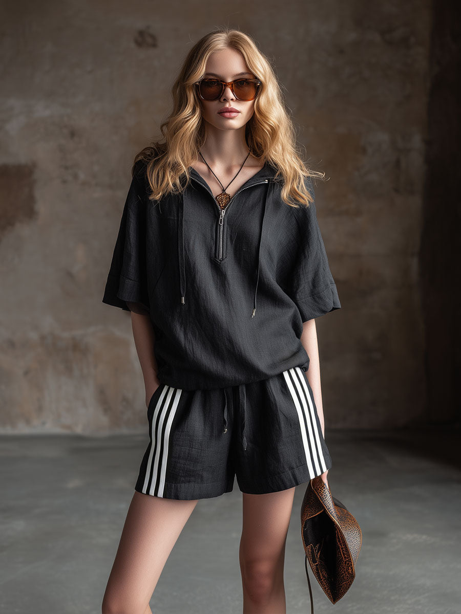Casual Retro Black Cotton Linen Short-Sleeved Hooded Top and Striped Shorts Set