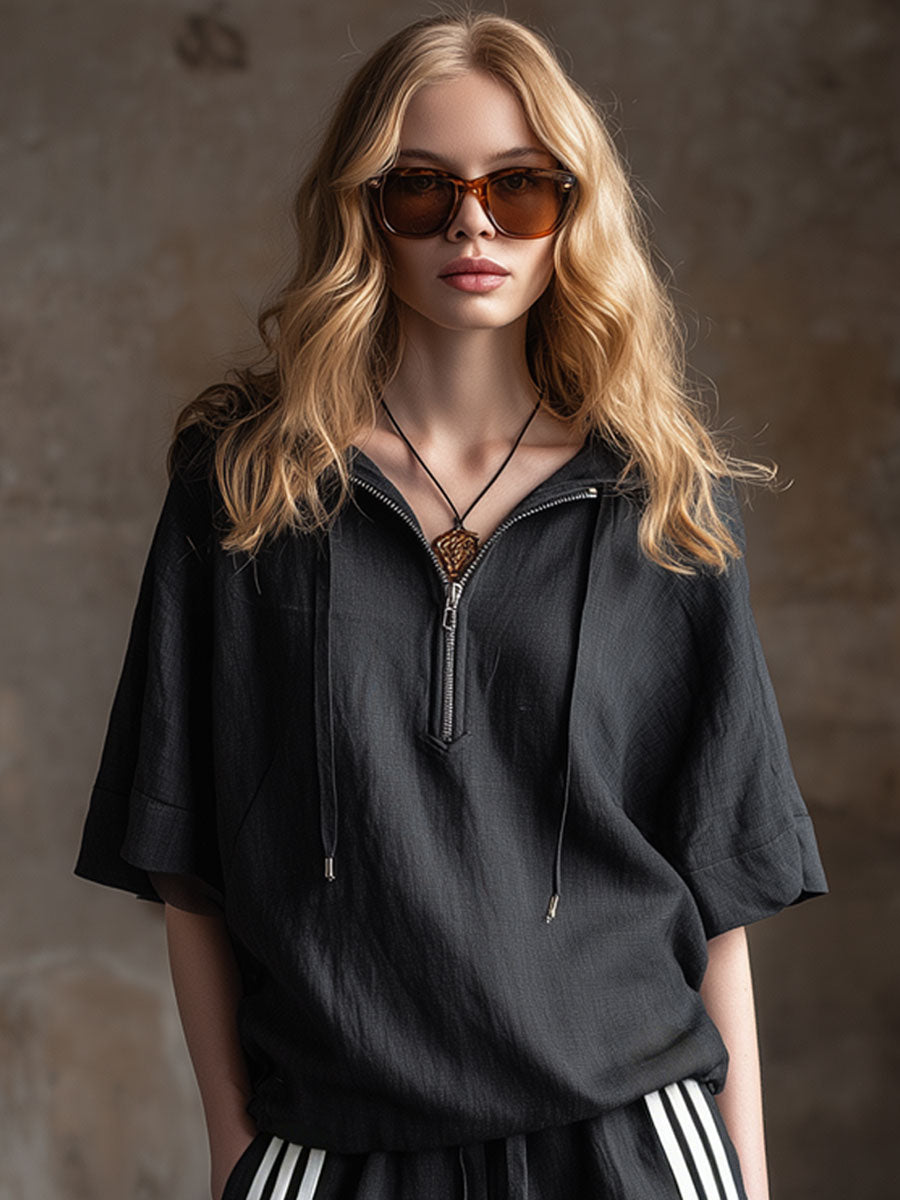 Casual Retro Black Cotton Linen Short-Sleeved Hooded Top and Striped Shorts Set