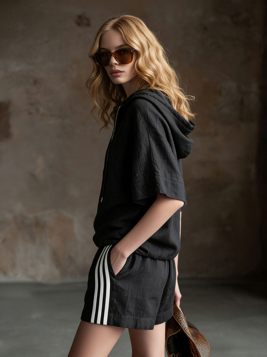 Casual Retro Black Cotton Linen Short-Sleeved Hooded Top and Striped Shorts Set