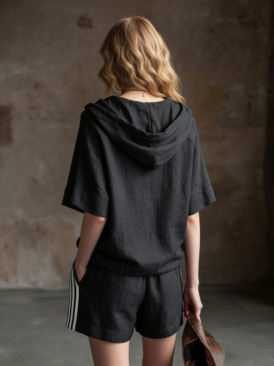 Casual Retro Black Cotton Linen Short-Sleeved Hooded Top and Striped Shorts Set