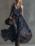 Retro Colour-Block Floral Print Navy Chiffon Maxi Dress