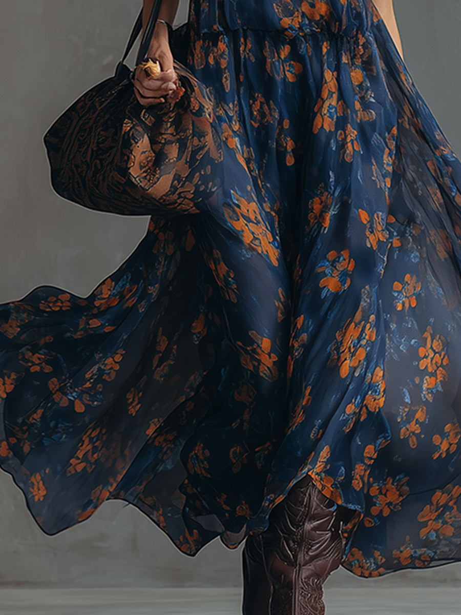 Retro Colour-Block Floral Print Navy Chiffon Maxi Dress