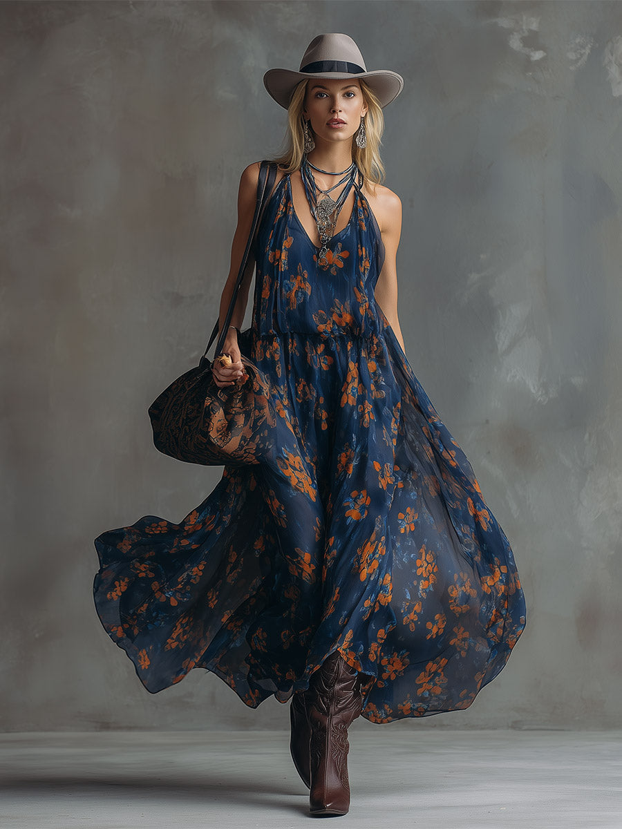 Retro Colour-Block Floral Print Navy Chiffon Maxi Dress