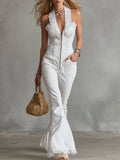 Elegant Urban Style With Lace Trim White Denim Halter-Neck Flared Jumpsuit