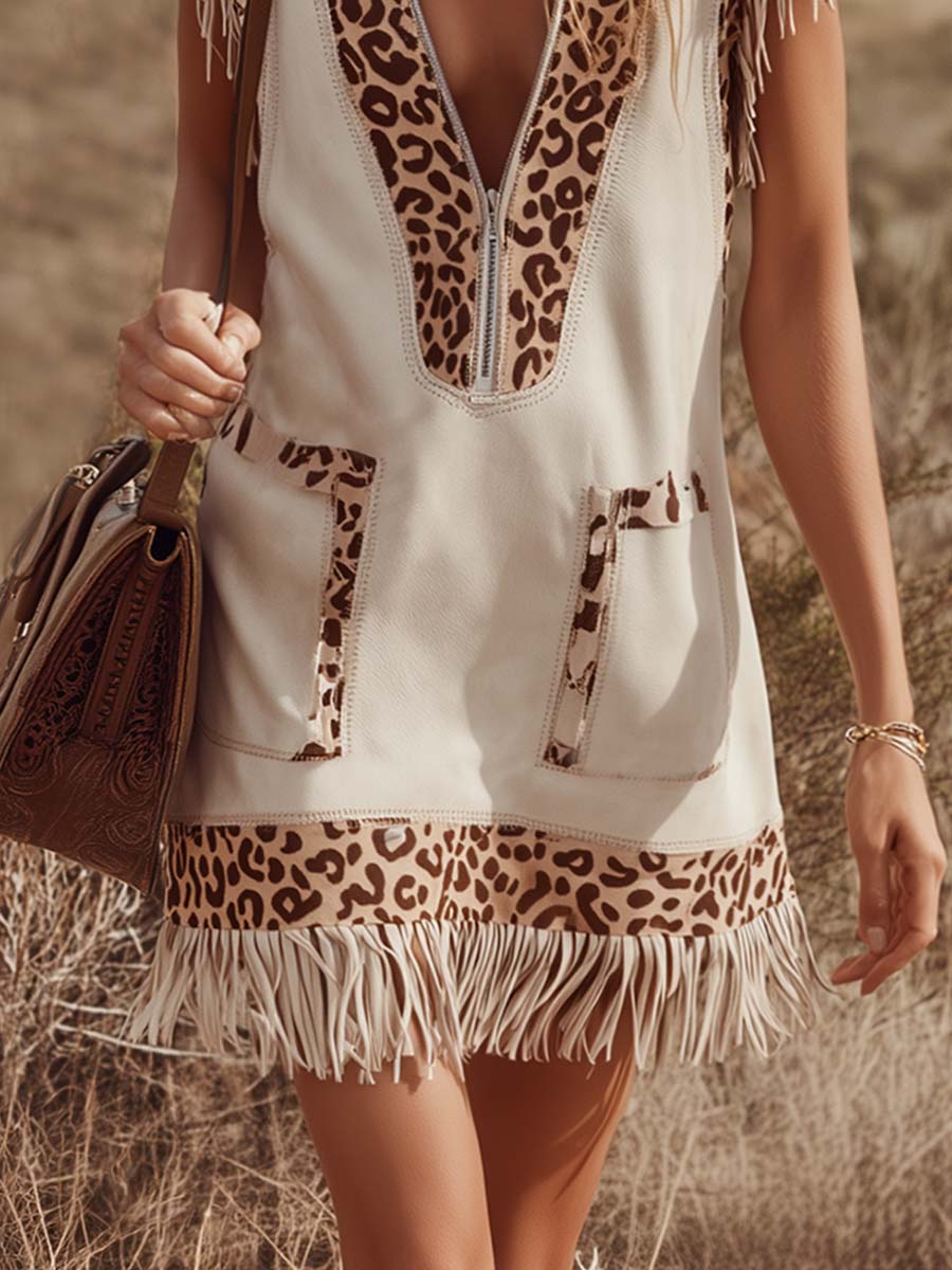 Vintage Western V-Neck Front Zipper Leopard Print Trim Fringe Detail Faux Suede Mini Dress