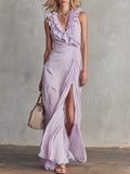 Stylish and Elegant V-neck Ruffled Sleeveless Chiffon Maxi Dress