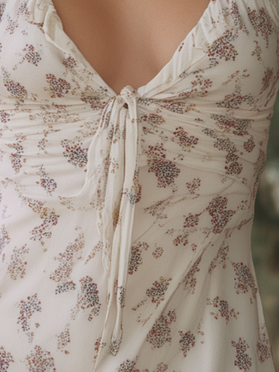 Western Retro White Print Sleeveless Halter Neck Chiffon Mini Dress