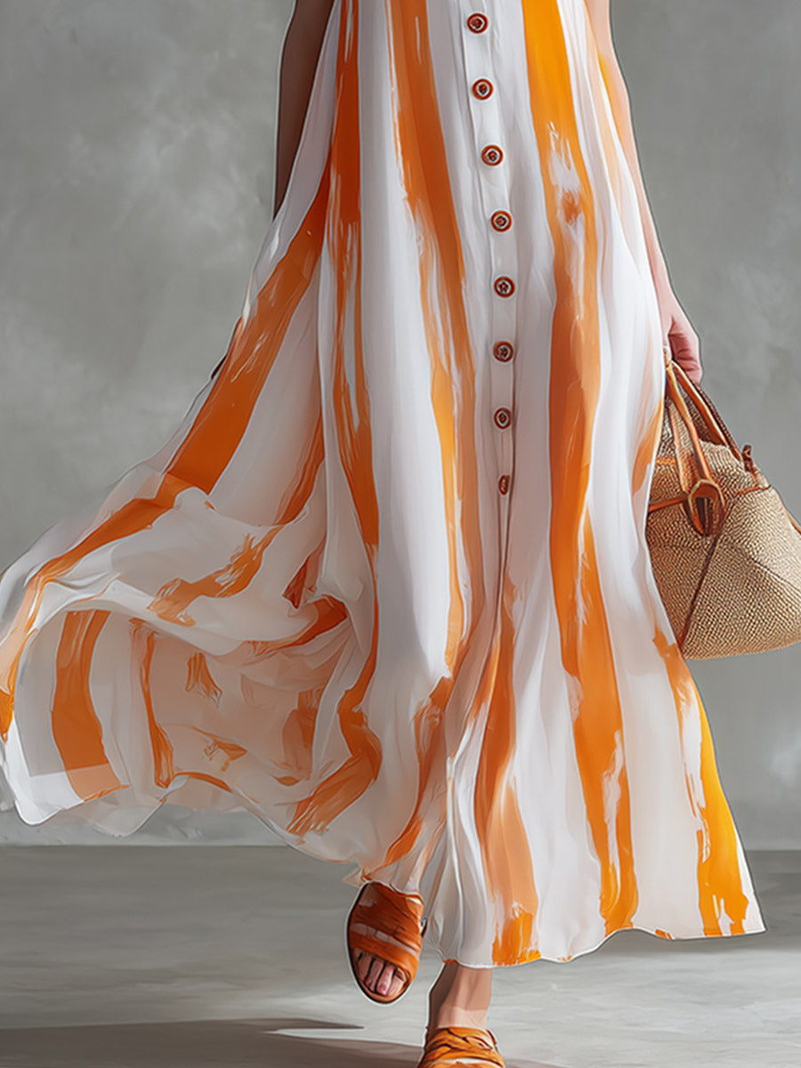 Classic and Elegant Orange Striped Chiffon Maxi Dress